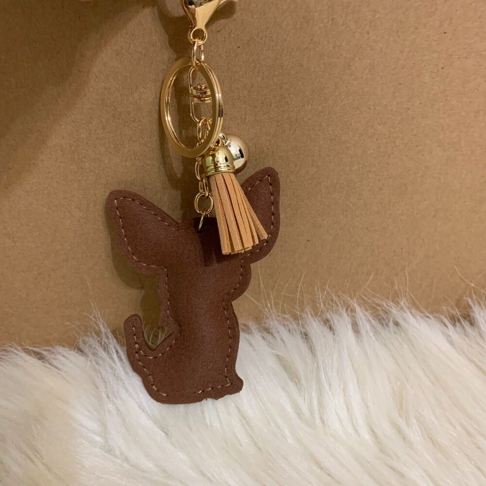 CHIHUAHUA Dog Key Ring Fob Clip on Plush Purse Charm Rhinestones Bling Brown - Picture 7 of 13